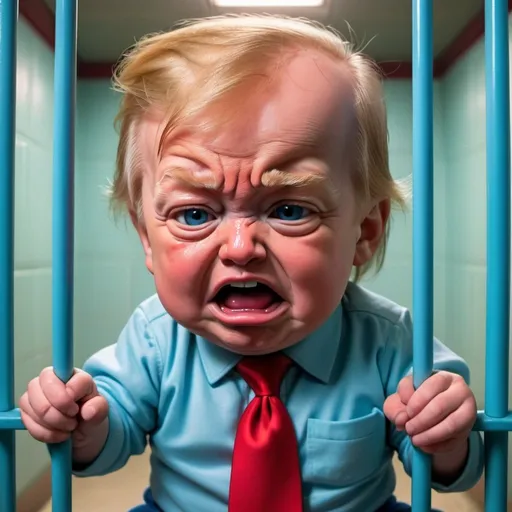Prompt: Donald Trump as a crying baby in a playpen jail cell, light blue baby clothes, long red tie, cartoon style, colorful, comedic, Herbert Block-inspired, detailed facial features, humorous, vibrant colors, editorial cartoon, playful lighting