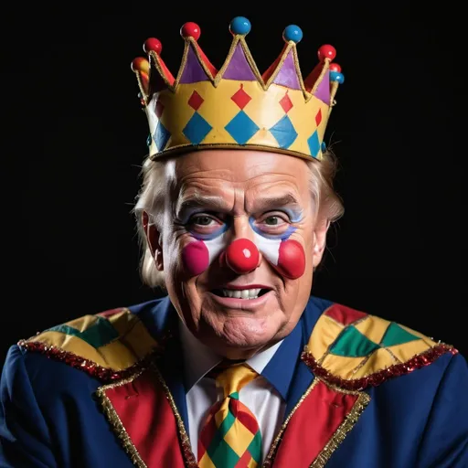 Prompt: Clown makeup Donald Trump, silly crown, Rudy Giuliani court jester, harlequin clown clothing, humiliating comedic setting, highres, cartoonish, political satire, bright and bold colors, theatrical lighting