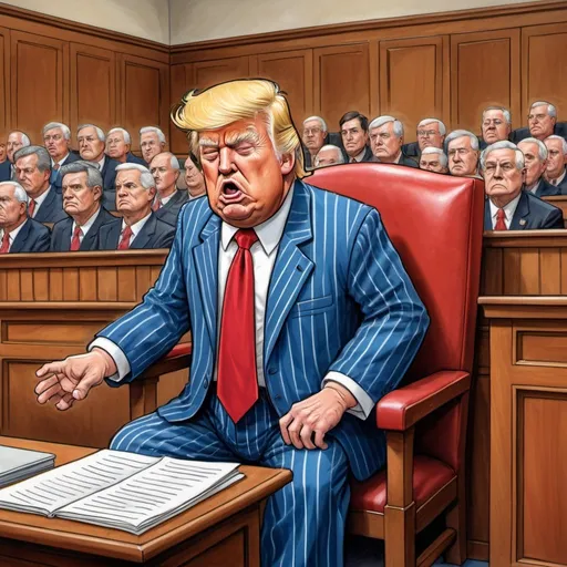 Prompt: Herbert Block style cartoon of Donald Trump sleeping in blue and white pinstripe pajamas and matching pajama hat, long red tie, courtroom setting, witness stand, angry judge, comedic, colorful, detailed facial features, high quality, vibrant colors, humorous, political satire, professional lighting