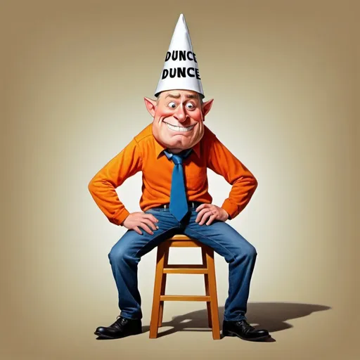 Prompt: Man on stool in corner, dunce cap, letters "DUNCE" on pointed cap, Herbert Block style cartoon, colorful, comedic, detailed facial expression, high quality, cartoon, comedic, vibrant colors, exaggerated features, corner setting, pointed dunce cap, silly expression, professional illustration