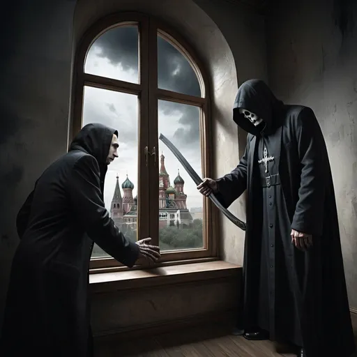 Prompt: Vladimir Putin very frightened, grim reaper reaching out to Vladimir Putin, somber hyper-realistic illustration, high tower, open window, terrified expression, futile attempt to escape, finality, dark and dramatic tones, realistic lighting, highres, detailed scythe, intense gaze, eerie atmosphere