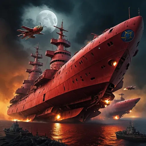 Prompt: fleet of red metallic sea ships, hovering over night area, wasp-like vessels, Ukrainian flag, futuristic, steampunk, dystopian, cloudy yellow moonlight, sinking Russian ship on fire, burning Russian flag, highres, ultra-detailed, futuristic, steampunk, dystopian, cloudy moonlight, fiery wreckage, intense atmosphere, Ukrainian flag, red metallic fleet, wasp-like vessels, dramatic lighting