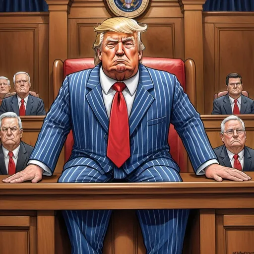 Prompt: Herbert Block style cartoon of Donald Trump sleeping in blue and white pinstripe pajamas and matching pajama hat, long red tie, courtroom setting, witness stand, angry judge, comedic, colorful, detailed facial features, high quality, vibrant colors, humorous, political satire, professional lighting