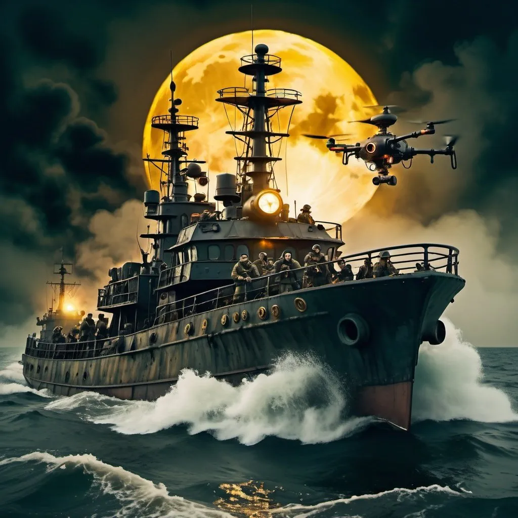 Prompt: Ukrainian soldiers flying stand-up open air drones over sea, attacking a Russian ship, rough nighttime sea with steampunk, dystopian atmosphere, yellowish full moon through thick clouds, chaotic blazing machine guns and tracer bullets, rough waters, dystopian, stand-up open air drones, Ukrainian soldiers, Russian ship, nighttime sea, steampunk, yellowish full moon, dystopian atmosphere, chaos, rough waters, blazing machine guns, tracer bullets, high quality, detailed, steampunk style, chaotic lighting