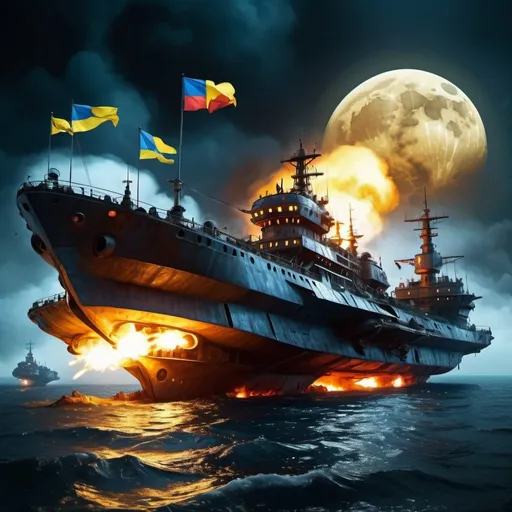 Prompt: Big fleet of small blueish metallic sea ships, hovering over night area, wasp-like vessels, Ukrainian flag, futuristic, steampunk, dystopian, cloudy yellow moonlight, sinking Russian ship on fire, burning Russian flag, highres, ultra-detailed, futuristic, steampunk, dystopian, cloudy moonlight, fiery wreckage, intense atmosphere, Ukrainian flag, red metallic fleet, wasp-like vessels, dramatic lighting