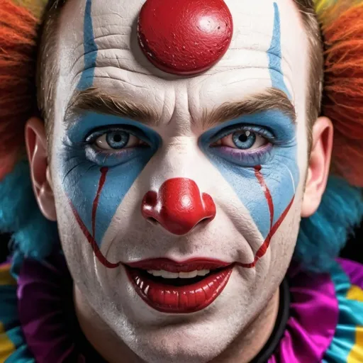Prompt: Hyper-realistic, colorful carnival clown face, exaggerated facial features, vibrant and exaggerated makeup, drool falling from mouth, high quality, hyper-detailed, digital painting, vibrant colors, playful lighting