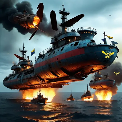 Prompt: Fleet of many small blueish metallic sea ships, hovering over night area, wasp-like vessels, Ukrainian flag, futuristic, steampunk, dystopian, cloudy yellow moonlight, sinking Russian ship on fire, burning Russian flag, highres, ultra-detailed, futuristic, steampunk, dystopian, cloudy moonlight, fiery wreckage, intense atmosphere, Ukrainian flag, red metallic fleet, wasp-like vessels, dramatic lighting