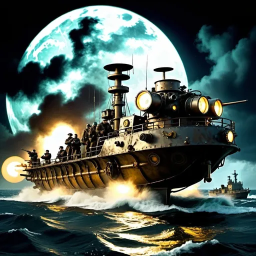 Prompt: Ukrainian soldiers flying stand-up open air drones high above sea, rough nighttime sea with steampunk, dystopian atmosphere, yellowish full moon through thick clouds, chaotic blazing machine guns and tracer bullets, rough waters, dystopian, stand-up open air drones, Ukrainian soldiers, overlooking Russian ship in far lower distance, nighttime sea, steampunk, yellowish full moon, dystopian atmosphere, chaos, rough waters, blazing machine guns, tracer bullets, high quality, detailed, steampunk style, chaotic lighting