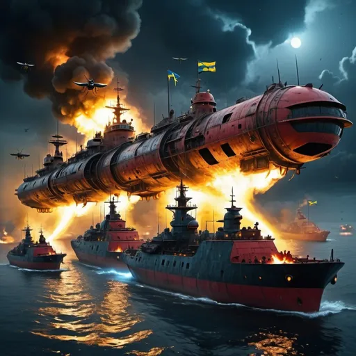 Prompt: Big fleet of small blueish metallic sea ships, hovering over night area, wasp-like vessels, Ukrainian flag, futuristic, steampunk, dystopian, cloudy yellow moonlight, sinking Russian ship on fire, burning Russian flag, highres, ultra-detailed, futuristic, steampunk, dystopian, cloudy moonlight, fiery wreckage, intense atmosphere, Ukrainian flag, red metallic fleet, wasp-like vessels, dramatic lighting