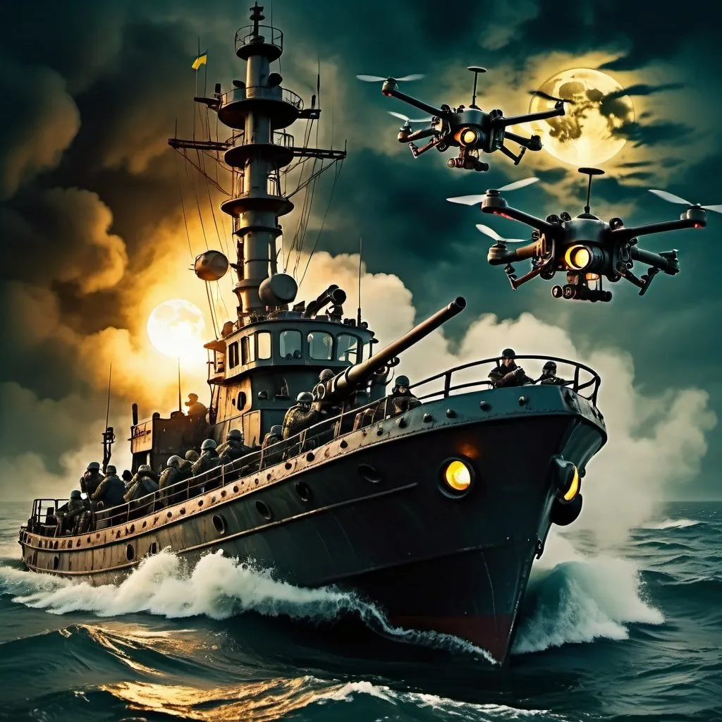 Prompt: Ukrainian soldiers flying stand-up open air drones over sea, attacking a Russian ship, rough nighttime sea with steampunk, dystopian atmosphere, yellowish full moon through thick clouds, chaotic blazing machine guns and tracer bullets, rough waters, dystopian, stand-up open air drones, Ukrainian soldiers, Russian ship, nighttime sea, steampunk, yellowish full moon, dystopian atmosphere, chaos, rough waters, blazing machine guns, tracer bullets, high quality, detailed, steampunk style, chaotic lighting