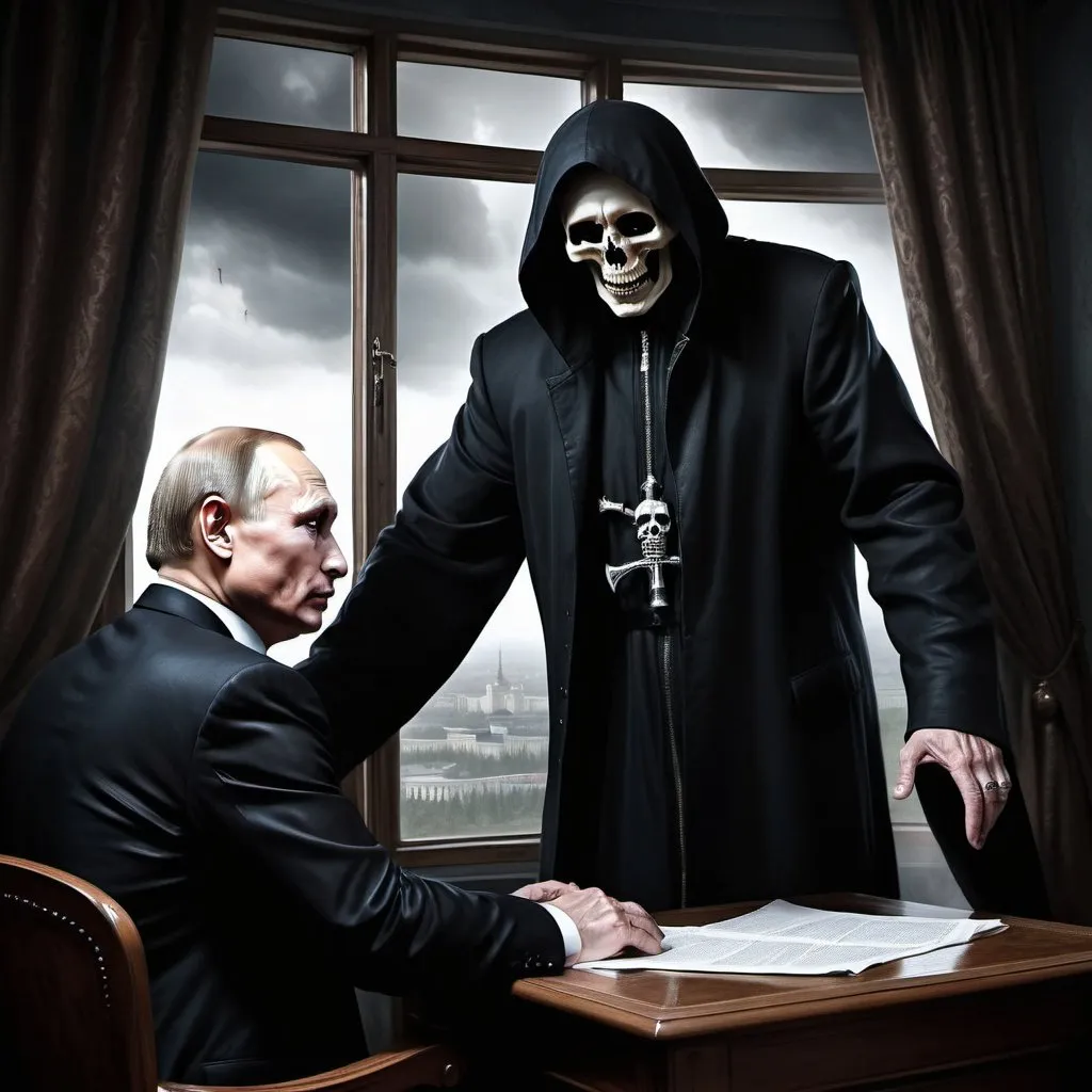 Prompt: Vladimir Putin very frightened, grim reaper reaching out to Vladimir Putin, somber hyper-realistic illustration, high tower, open window, terrified expression, futile attempt to escape, finality, dark and dramatic tones, realistic lighting, highres, detailed scythe, intense gaze, eerie atmosphere