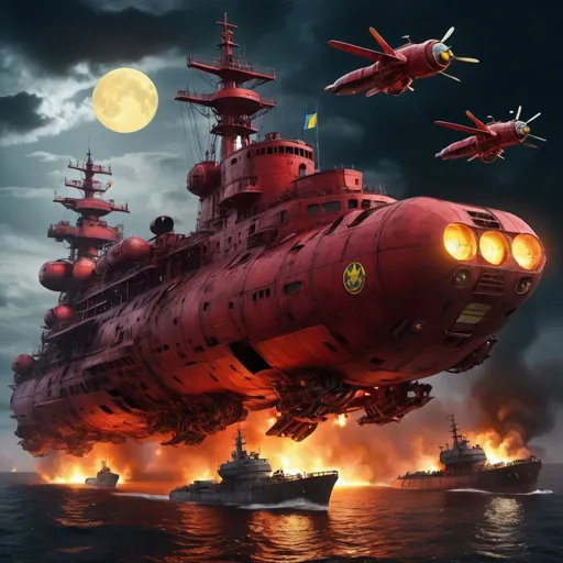 Prompt: fleet of red metallic sea ships, hovering over night area, wasp-like vessels, Ukrainian flag, futuristic, steampunk, dystopian, cloudy yellow moonlight, sinking Russian ship on fire, burning Russian flag, highres, ultra-detailed, futuristic, steampunk, dystopian, cloudy moonlight, fiery wreckage, intense atmosphere, Ukrainian flag, red metallic fleet, wasp-like vessels, dramatic lighting