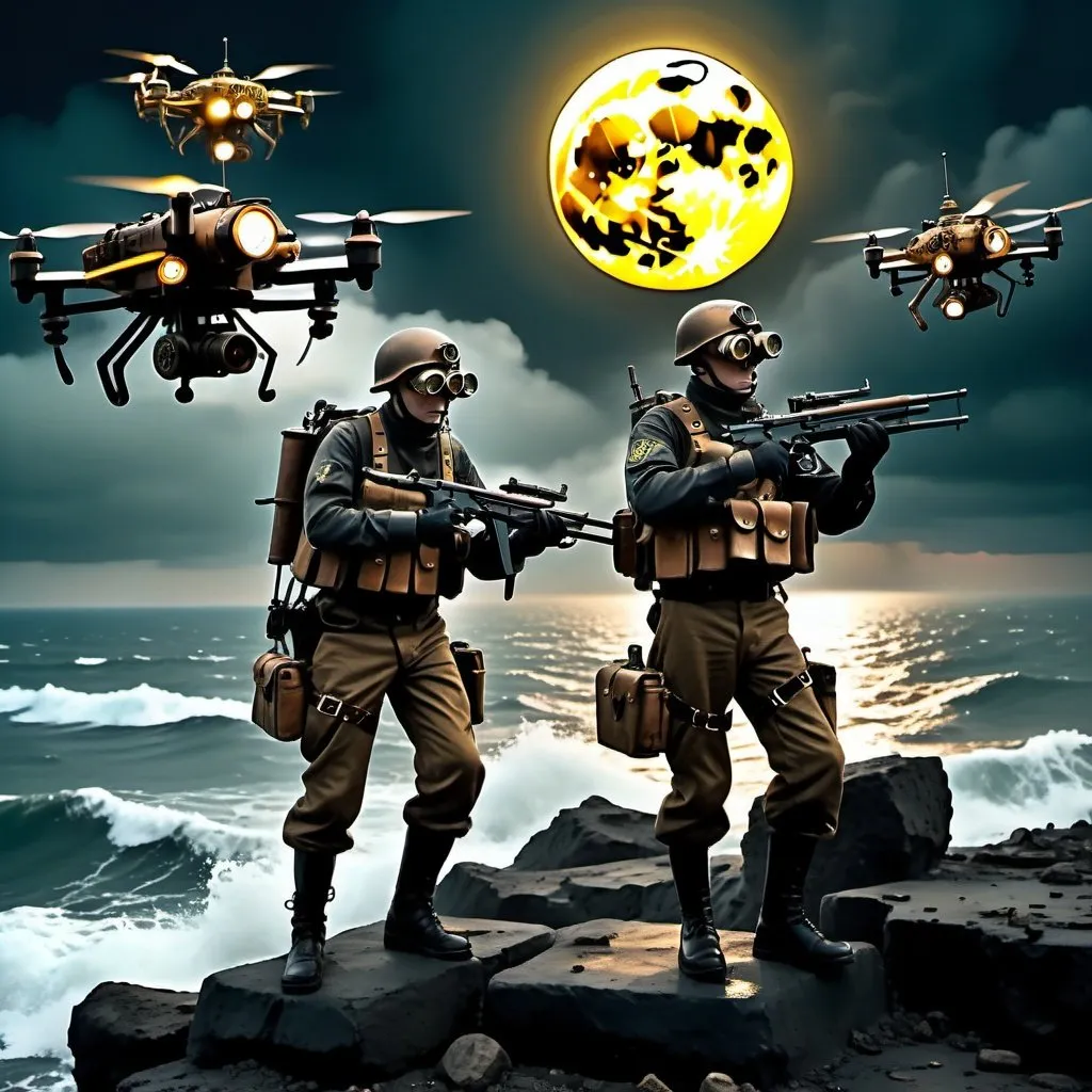 Prompt: Ukrainian soldiers flying stand-up open air drones 1000 feet above sea, rough nighttime sea with steampunk, dystopian atmosphere, yellowish full moon through thick clouds, chaotic blazing machine guns and tracer bullets, rough waters, dystopian, stand-up open air drones, Ukrainian soldiers, overlooking nighttime sea from 1000 feet above, steampunk, yellowish full moon, dystopian atmosphere, chaos, rough waters, blazing machine guns, tracer bullets, high quality, detailed, steampunk style, chaotic lighting