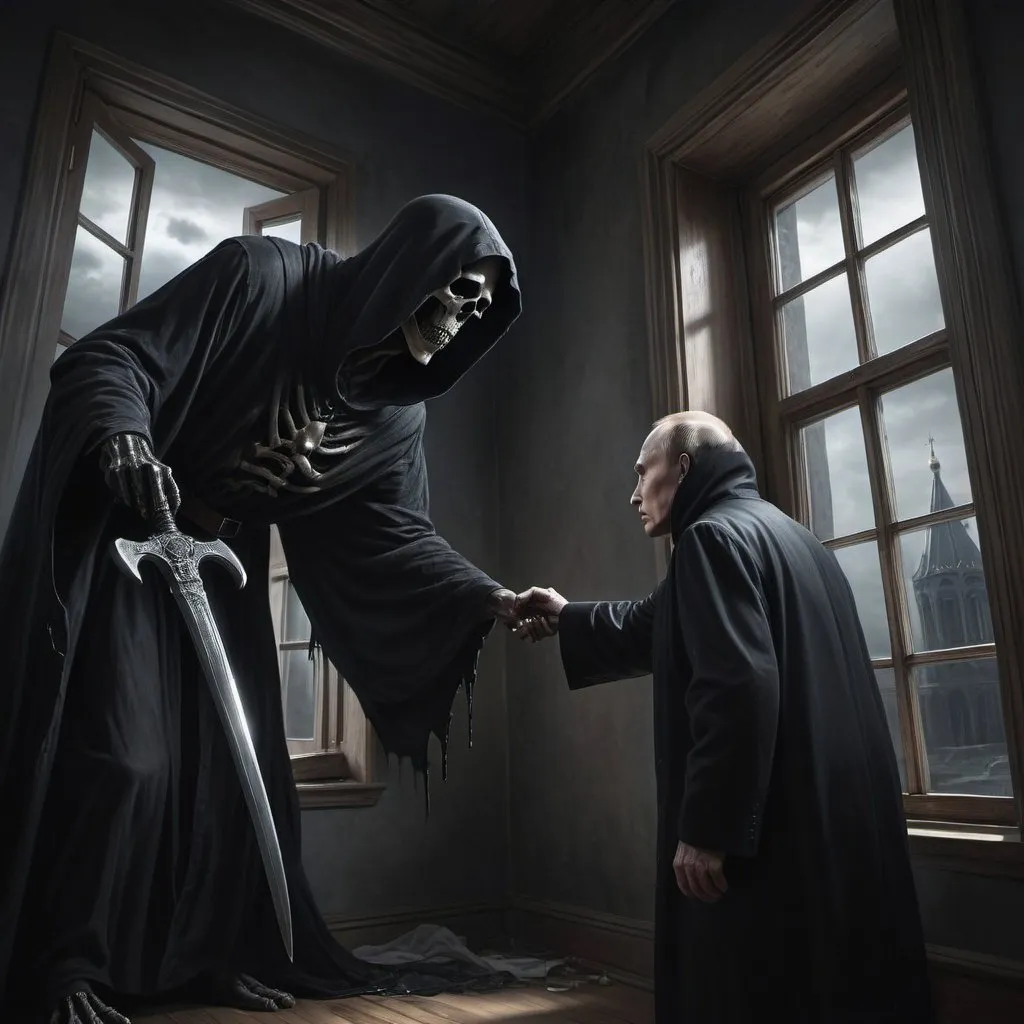 Prompt: Grim reaper reaching out to Vladimir Putin, somber hyper-realistic illustration, high tower, open window, terrified expression, futile attempt to escape, finality, dark and dramatic tones, realistic lighting, highres, detailed scythe, intense gaze, eerie atmosphere