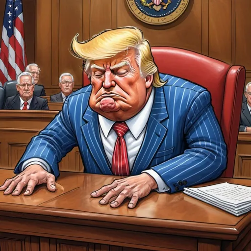 Prompt: Herbert Block style cartoon of Donald Trump sleeping in blue and white pinstripe pajamas and matching pajama hat, long red tie, courtroom setting, witness stand, angry judge, comedic, colorful, detailed facial features, high quality, vibrant colors, humorous, political satire, professional lighting