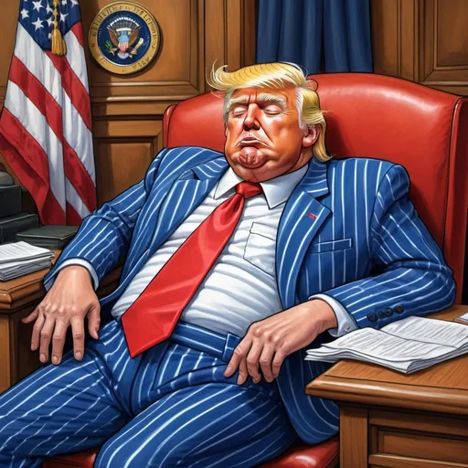 Prompt: Herbert Block style cartoon of Donald Trump sleeping in blue and white pinstripe pajamas and matching pajama hat, long red tie, courtroom setting, comedic, colorful, detailed facial features, high quality, vibrant colors, humorous, political satire, professional lighting