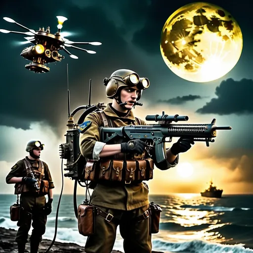 Prompt: Ukrainian soldiers flying stand-up open air drones 1000 feet above sea, rough nighttime sea with steampunk, dystopian atmosphere, yellowish full moon through thick clouds, chaotic blazing machine guns and tracer bullets, rough waters, dystopian, stand-up open air drones, Ukrainian soldiers, overlooking nighttime sea from 1000 feet above, steampunk, yellowish full moon, dystopian atmosphere, chaos, rough waters, blazing machine guns, tracer bullets, high quality, detailed, steampunk style, chaotic lighting