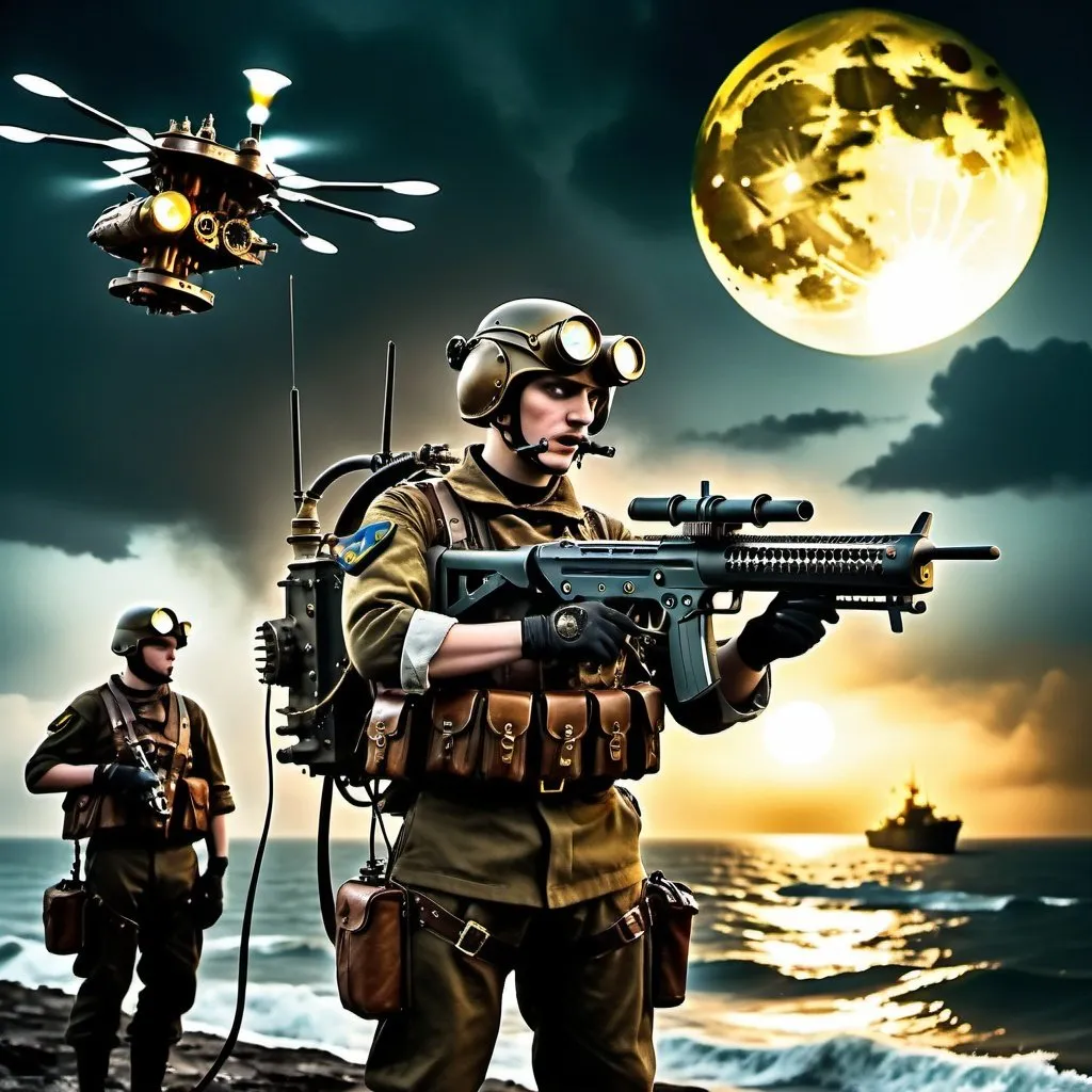 Prompt: Ukrainian soldiers flying stand-up open air drones 1000 feet above sea, rough nighttime sea with steampunk, dystopian atmosphere, yellowish full moon through thick clouds, chaotic blazing machine guns and tracer bullets, rough waters, dystopian, stand-up open air drones, Ukrainian soldiers, overlooking nighttime sea from 1000 feet above, steampunk, yellowish full moon, dystopian atmosphere, chaos, rough waters, blazing machine guns, tracer bullets, high quality, detailed, steampunk style, chaotic lighting