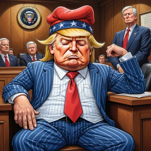 Prompt: Herbert Block style cartoon of Donald Trump sleeping in blue and white pinstripe pajamas and matching pajama hat, long red tie, courtroom setting, comedic, colorful, detailed facial features, high quality, vibrant colors, humorous, political satire, professional lighting