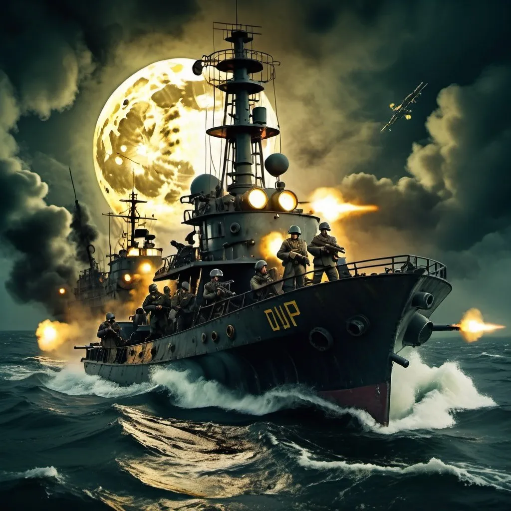 Prompt: Ukrainian soldiers in stand-up open air drones attacking a Russian ship, rough nighttime sea with steampunk, dystopian atmosphere, yellowish full moon through thick clouds, chaotic blazing machine guns and tracer bullets, rough waters, dystopian, stand-up open air drones, Ukrainian soldiers, Russian ship, nighttime sea, steampunk, yellowish full moon, dystopian atmosphere, chaos, rough waters, blazing machine guns, tracer bullets, high quality, detailed, steampunk style, chaotic lighting