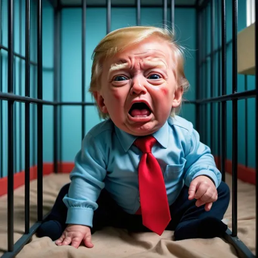 Prompt: Donald Trump as a crying baby in a playpen jail cell, light blue baby clothes, long red tie, cartoon style, colorful, comedic, Herbert Block-inspired, detailed facial features, humorous, vibrant colors, editorial cartoon, playful lighting