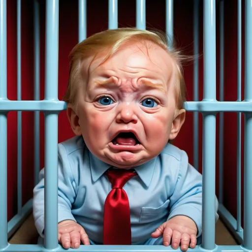 Prompt: Donald Trump as a crying baby in a playpen jail cell, light blue baby clothes, long red tie, cartoon style, colorful, comedic, Herbert Block-inspired, detailed facial features, humorous, vibrant colors, editorial cartoon, playful lighting