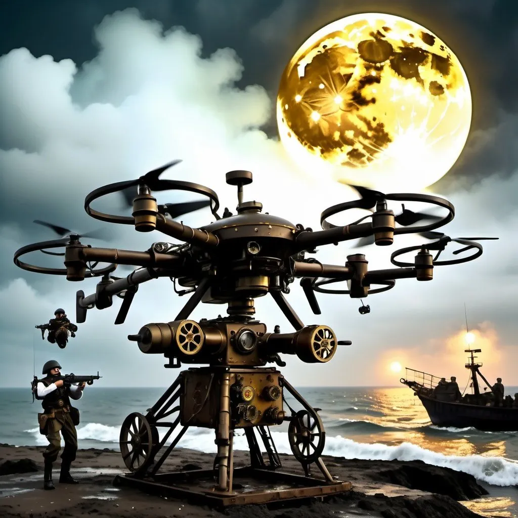 Prompt: Ukrainian soldiers flying stand-up open air drones 1000 feet above sea, rough nighttime sea with steampunk, dystopian atmosphere, yellowish full moon through thick clouds, chaotic blazing machine guns and tracer bullets, rough waters, dystopian, stand-up open air drones, Ukrainian soldiers, overlooking nighttime sea from 1000 feet above, steampunk, yellowish full moon, dystopian atmosphere, chaos, rough waters, blazing machine guns, tracer bullets, high quality, detailed, steampunk style, chaotic lighting