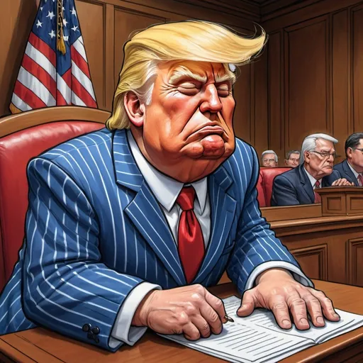 Prompt: Herbert Block style cartoon of Donald Trump sleeping in blue and white pinstripe pajamas and matching pajama hat, long red tie, courtroom setting, witness stand, angry judge, comedic, colorful, detailed facial features, high quality, vibrant colors, humorous, political satire, professional lighting