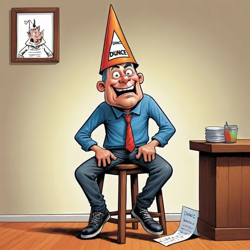 Prompt: Man on stool in corner, dunce cap, letters "DUNCE" on pointed cap, Herbert Block style cartoon, colorful, comedic, detailed facial expression, high quality, cartoon, comedic, vibrant colors, exaggerated features, corner setting, pointed dunce cap, silly expression, professional illustration