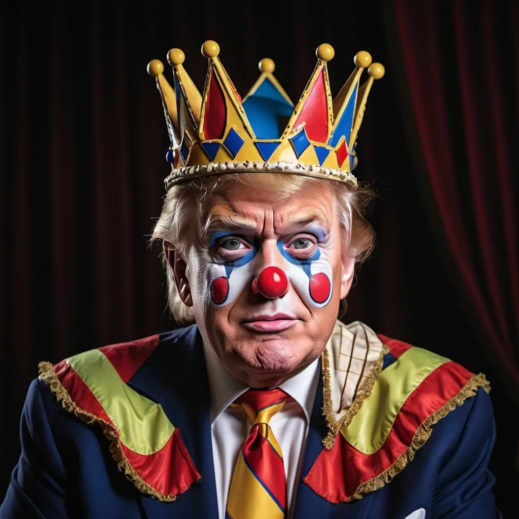 Prompt: Clown makeup Donald Trump, silly crown, Rudy Giuliani court jester, harlequin clown clothing, humiliating comedic setting, highres, cartoonish, political satire, bright and bold colors, theatrical lighting