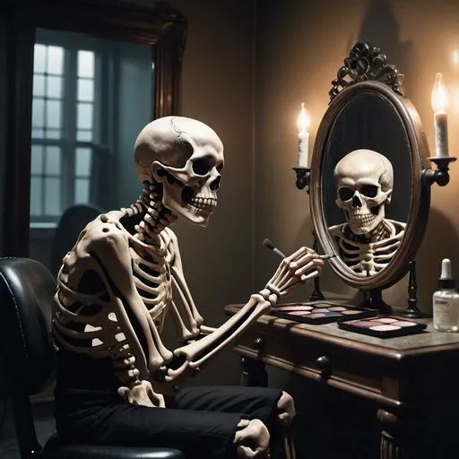 Prompt: Skeleton man adding skin in makeup chair, human face in mirror, subdued colors, somber mood, detailed skull, realistic painting, professional, atmospheric lighting, detailed reflection, highres, somber, artistic makeup, skull transformation, subdued tones