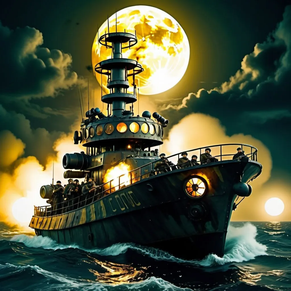 Prompt: Ukrainian soldiers flying stand-up open air drones high above sea, rough nighttime sea with steampunk, dystopian atmosphere, yellowish full moon through thick clouds, chaotic blazing machine guns and tracer bullets, rough waters, dystopian, stand-up open air drones, Ukrainian soldiers, overlooking Russian ship in far lower distance, nighttime sea, steampunk, yellowish full moon, dystopian atmosphere, chaos, rough waters, blazing machine guns, tracer bullets, high quality, detailed, steampunk style, chaotic lighting