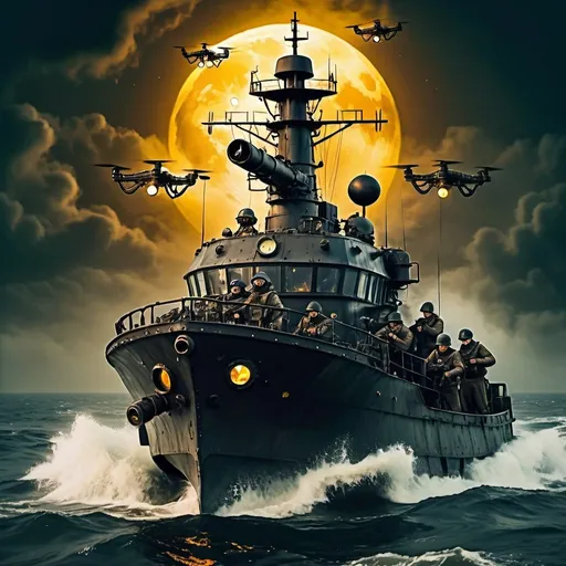 Prompt: Ukrainian soldiers flying stand-up open air drones over sea, attacking a Russian ship, rough nighttime sea with steampunk, dystopian atmosphere, yellowish full moon through thick clouds, chaotic blazing machine guns and tracer bullets, rough waters, dystopian, stand-up open air drones, Ukrainian soldiers, Russian ship, nighttime sea, steampunk, yellowish full moon, dystopian atmosphere, chaos, rough waters, blazing machine guns, tracer bullets, high quality, detailed, steampunk style, chaotic lighting