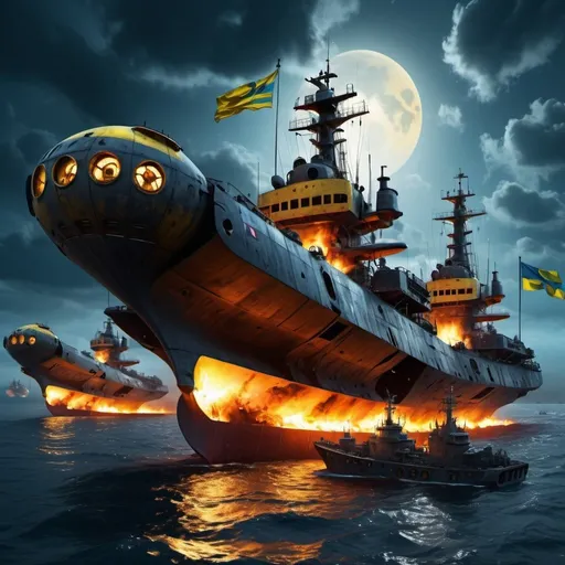 Prompt: Big fleet of small blueish metallic sea ships, hovering over night area, wasp-like vessels, Ukrainian flag, futuristic, steampunk, dystopian, cloudy yellow moonlight, sinking Russian ship on fire, burning Russian flag, highres, ultra-detailed, futuristic, steampunk, dystopian, cloudy moonlight, fiery wreckage, intense atmosphere, Ukrainian flag, red metallic fleet, wasp-like vessels, dramatic lighting