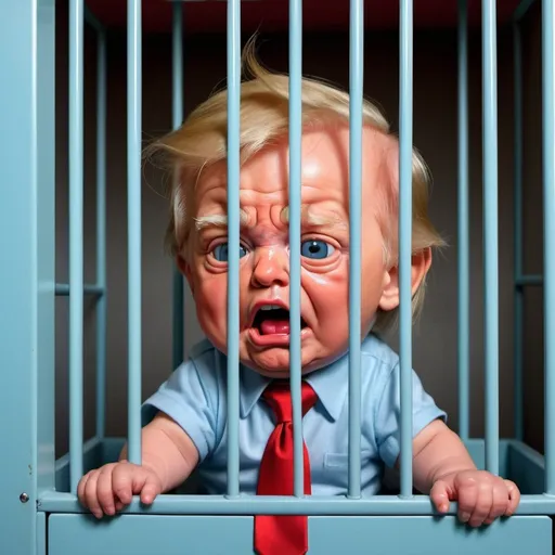Prompt: Donald Trump as a crying baby in a playpen jail cell, light blue baby clothes, long red tie, cartoon style, colorful, comedic, Herbert Block-inspired, detailed facial features, humorous, vibrant colors, editorial cartoon, playful lighting