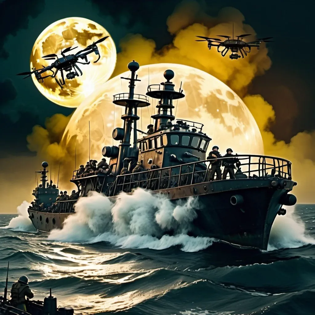 Prompt: Ukrainian soldiers flying stand-up open air drones high above sea, rough nighttime sea with steampunk, dystopian atmosphere, yellowish full moon through thick clouds, chaotic blazing machine guns and tracer bullets, rough waters, dystopian, stand-up open air drones, Ukrainian soldiers, overlooking Russian ship in far lower distance, nighttime sea, steampunk, yellowish full moon, dystopian atmosphere, chaos, rough waters, blazing machine guns, tracer bullets, high quality, detailed, steampunk style, chaotic lighting