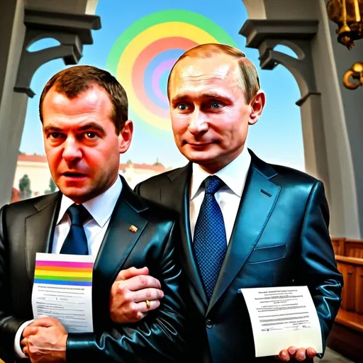 Prompt: Medvedev and Putin in colorful gay leather outfits, holding hands, walking out of Russian orthodox church with marriage certificates, Herbert Block style cartoon, comedic, vibrant colors, humorous, political satire, detailed facial expressions, marriage celebration, high quality, cartoon, vibrant colors, humorous, political satire, detailed expressions, professional