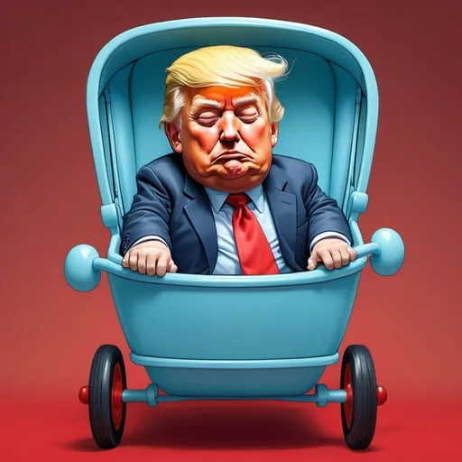 Prompt: Donald Trump as a sleeping baby in a light blue baby buggy, long red tie, cartoon style, colorful, comedic, Herbert Block-inspired, detailed facial features, humorous, vibrant colors, editorial cartoon, playful lighting