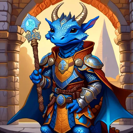 Prompt: Fantasy illustration of a short blue kobold, three horns on forehead, wearing heavy plate armor, paladin, adorned with a long cloak covered in runes, reptilian, humanoid dragon, anthropomorphic lizard, magical fantasy setting, cute, detailed scales and fur, vibrant colors, high quality, fantasy, detailed character design, magical lighting, whimsical atmosphere in <mymodel> artstyle by Donato Giancola and Terese Nielsen