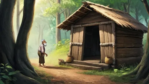 Prompt: The old uncle in the forest walks through the door of his small hut