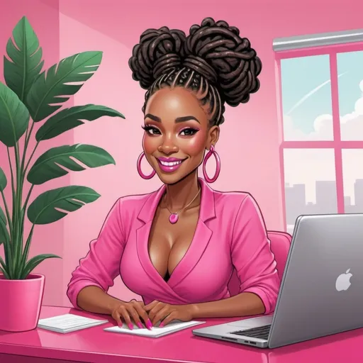 Prompt: African American woman with impeccable makeup and lashes, age of 35 with locs in a high bun with a SMILE on her face, sitting in a plush hot pink desk chair working on her laptop. CARTOON, ILLUSTRATION