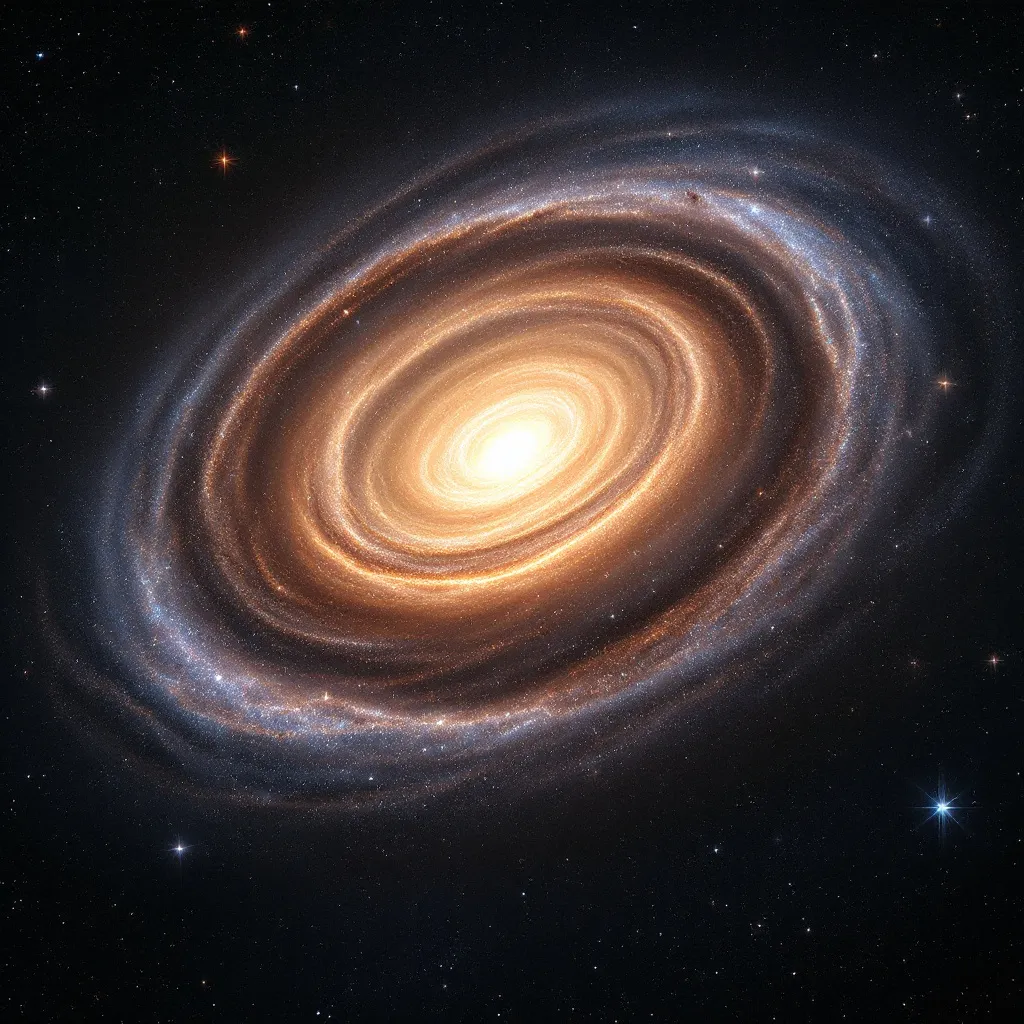 Prompt: Amidst the vast expanse of space, a magnificent spiral galaxy unfolds, showcasing its breathtaking beauty. Swirling arms of ethereal blues and soft whites spiral outward from a brilliant core, where a warm, golden glow emanates, hinting at the cosmic activity within. Tiny twinkling stars scatter throughout the dark backdrop, creating a sense of depth and wonder in this celestial scene. The overall ambiance is one of serene mystery, inviting contemplation of the universe's enormity and the intricate dance of matter and energy that unfolds in the cosmos. This striking image, rich in color and detail, captivates with its artistic representation of the universe's grandeur.