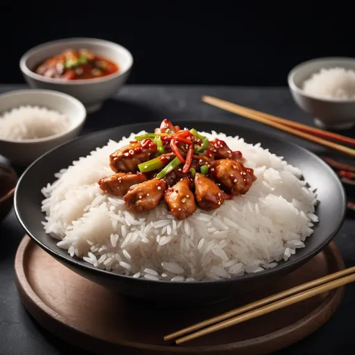 Prompt: food photography, white rice with Sichuan Spicy Chicken, advertising poster, black clean background, on a table as clean as a mirror with reflections, the whole scene is shrouded in soft brightgold sunlight, the sunlight reflects through, commercial photography, shot using hasselblad camera, IOS 100, soft light, award winning photography, color grading, high end retouching, fine art, advertising photography, commercial photography, high details
