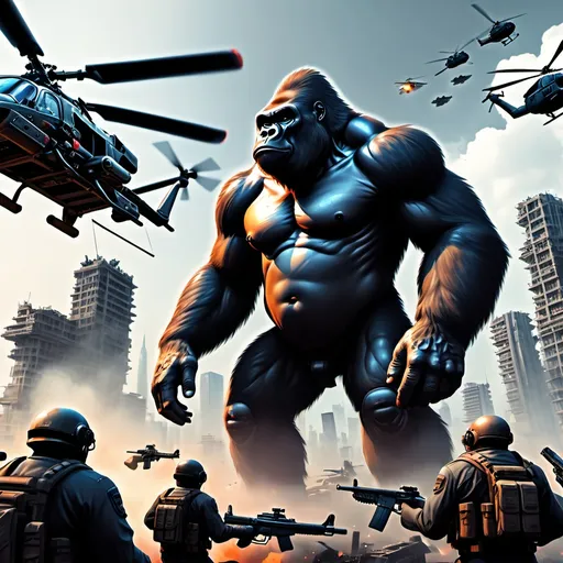 Prompt: a big gorilla is surrounded by a bunch of guns and a helicopter in the sky above it is a city, Dom Qwek, futurism, apocalypse, a screenshot