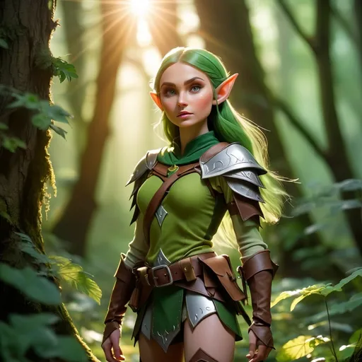 Prompt: Elf ranger in a mystical forest around sunlight