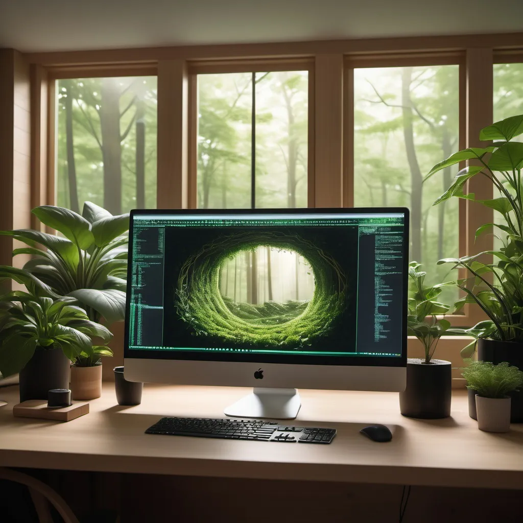 Prompt: "A sleek, modern computer setup in a cozy, nature-inspired workspace. The computer screen displays lines of code, casting a soft glow in a room filled with green plants, natural wood decor, and soft lighting. The background includes large windows showcasing a lush garden or forest outside, blending high-tech and nature. The image creates a calm, balanced atmosphere, symbolizing sustainable tech innovation and the harmony between nature and technology."