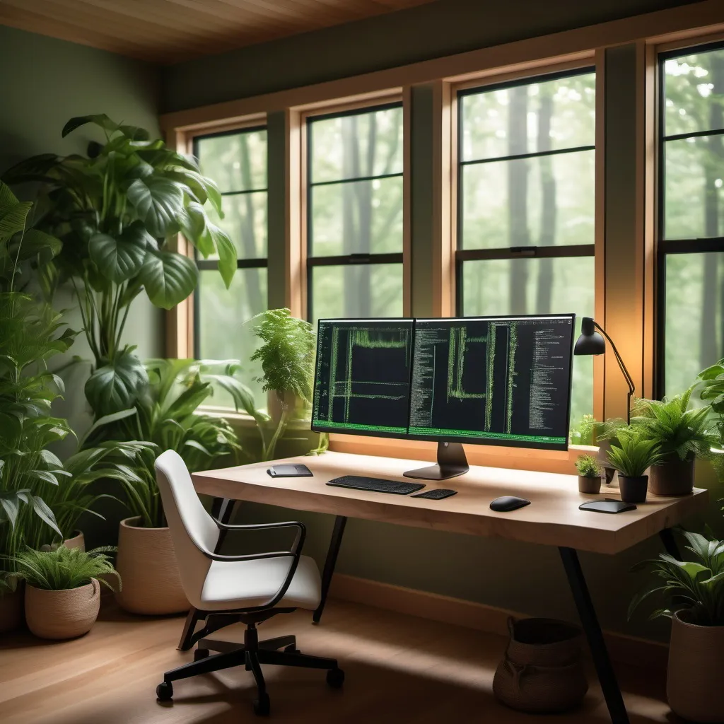 Prompt: "A sleek, modern computer setup in a cozy, nature-inspired workspace. The computer screen displays lines of code, casting a soft glow in a room filled with green plants, natural wood decor, and soft lighting. The background includes large windows showcasing a lush garden or forest outside, blending high-tech and nature. The image creates a calm, balanced atmosphere, symbolizing sustainable tech innovation and the harmony between nature and technology." 4 mega pixels