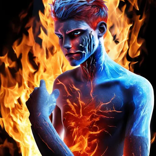 Prompt: Young man, half white hair, half red hair, burn scars covering left side of face. Flames emitting from left arm, ice emitting from right arm.