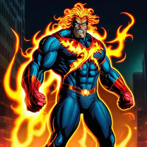 Prompt: Muscular middle-aged man with flames for hair, flying angrily through a city with elemental powers, high-quality, intense, comic book style, superhero costume, fiery tones, dynamic perspective, urban setting, elemental effects, detailed facial expression, powerful stance, professional lighting