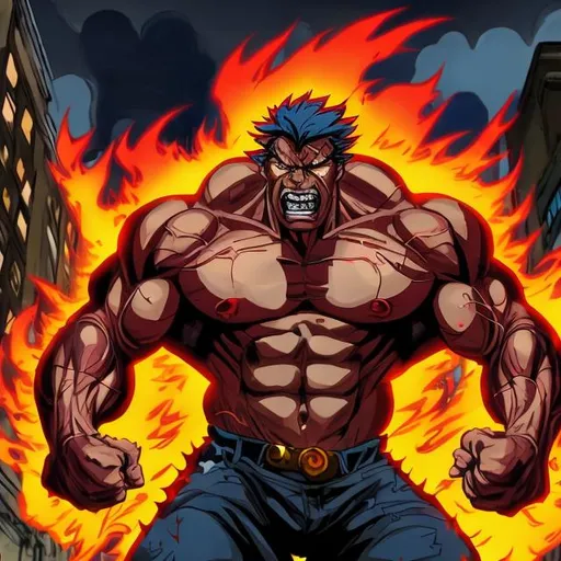 Prompt: Muscular middle-aged man with flames for hair, flying angrily through a city with elemental powers, high-quality, intense, comic book style, fiery tones, dynamic perspective, urban setting, elemental effects, detailed facial expression, powerful stance, professional lighting